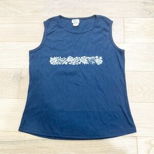 Vintage Navy Blue Tank Top with White Floral Accent